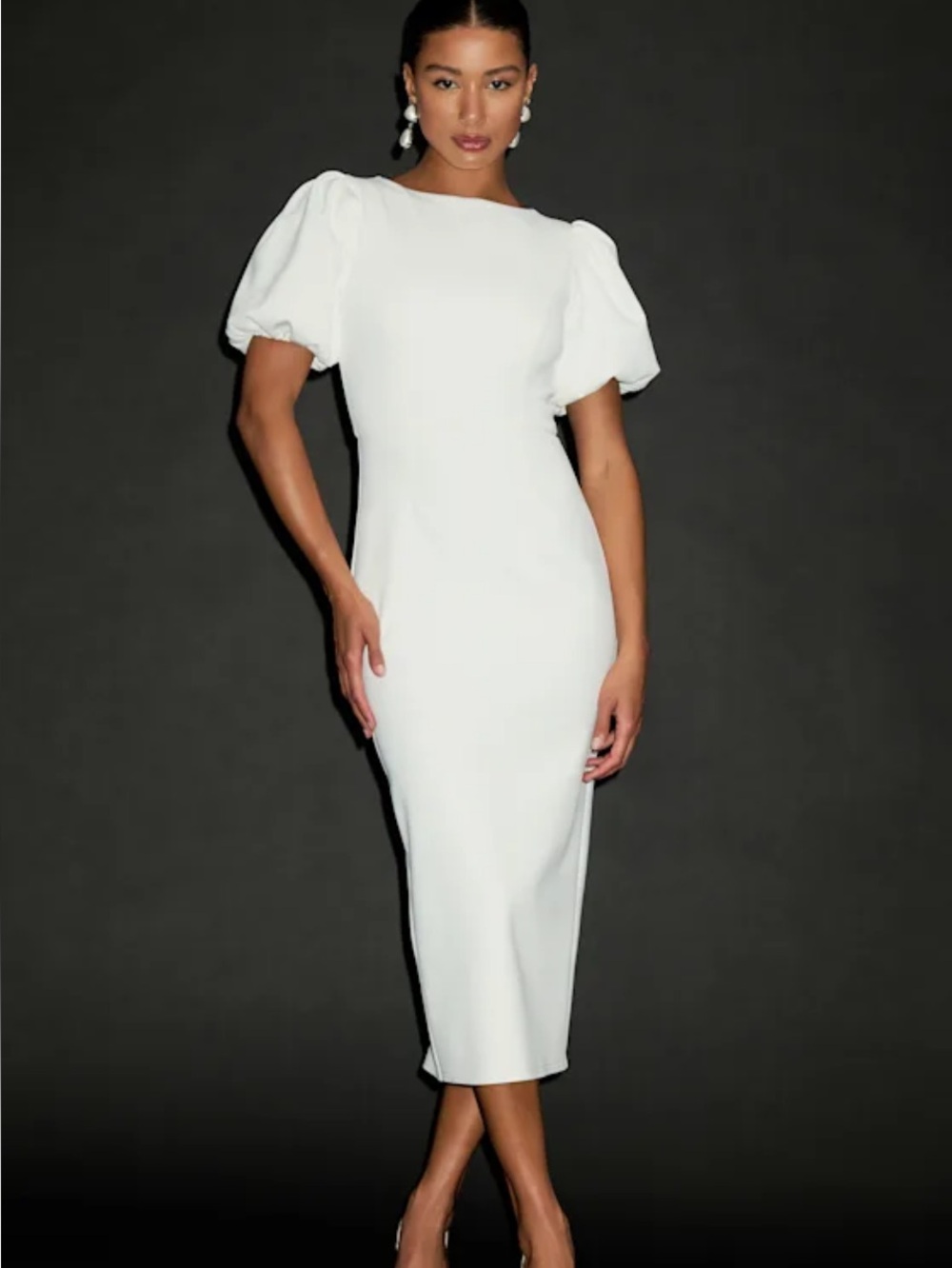 New Lulus Simply Beloved Elegant White Puff-Sleeve Midi Dress Sz Small - Picture 6 of 8